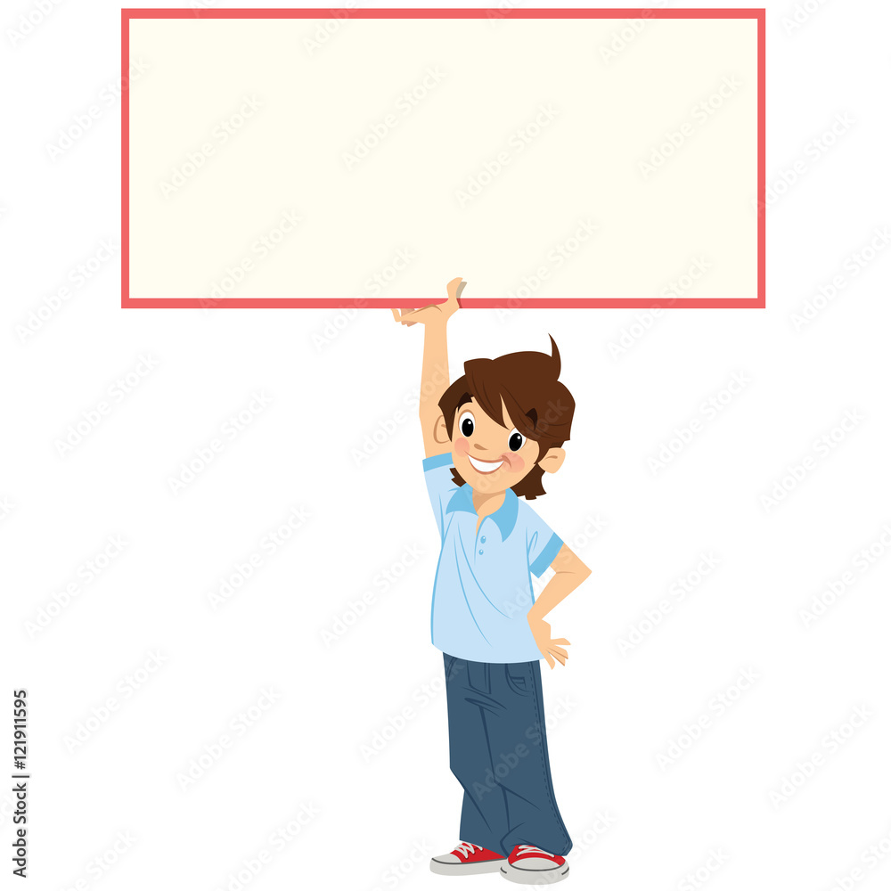 Happy smiling cartoon student boy holding a white blank sign Happy smiling cartoon student boy holding a white blank sign