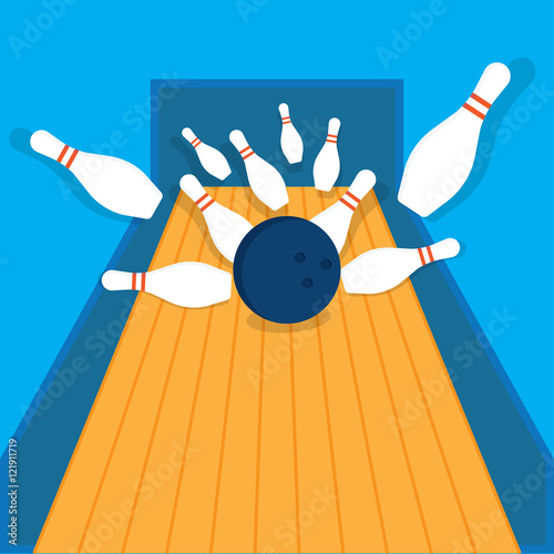 bowling ball getting a strike with  pins sent flying