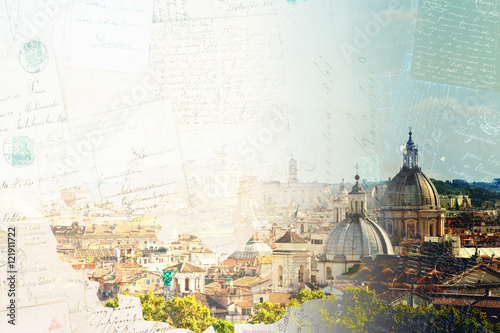 Photography Vintage postcard of skyline of Rome city at day, Italy