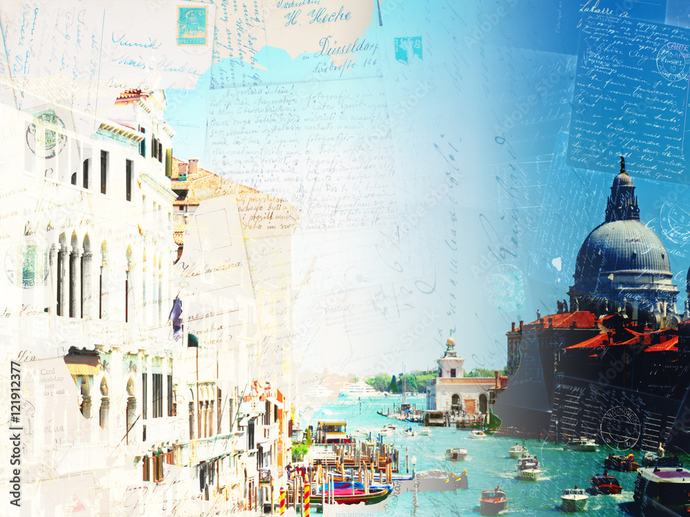 Fototapeta premium Vintage postcard of Grand canal and Basilica Santa Maria della Salute, Venice, Italy