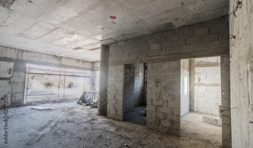 Inside a brick and concrete house under construction