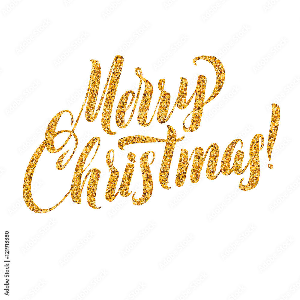 Gold Merry Christmas Card. Golden Shiny Glitter. Calligraphy Greeting