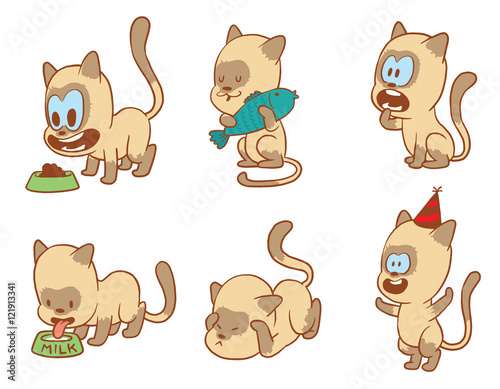Vector cartoon set of cute little cats: in a festive cap, with a bowl of food, with a fish, begging for food, drinking milk and afraid of something on white background. Color image with brown tracings