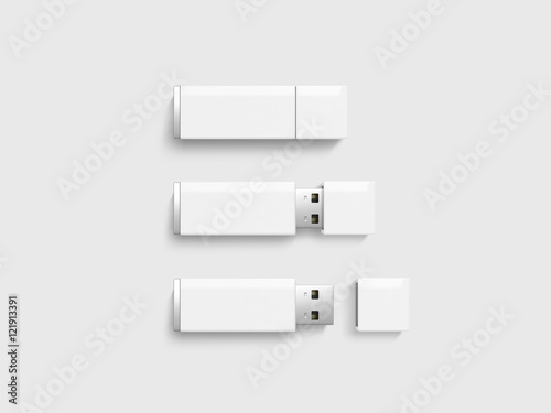 Blank white usb drive design mock up set, 3d rendering, clipping path. Clear plastic flash disk template opened, closed. Plain memory device mockup. Clean pen drive branding presentation. Micro card. photo