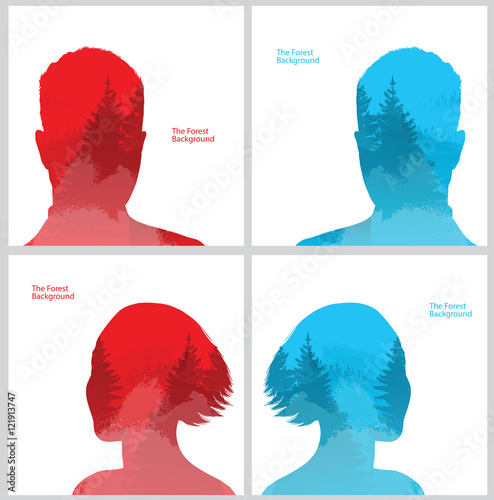 Vector set of double exposure illustrations. Men and women silhouettes plus forest background. Double exposure portraits of men and women on blue and red backgrounds of coniferous forest.