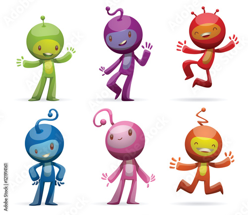 Vector set of cartoon images of funny little creatures of different colors with antennas on their heads, standing and smiling on a white background. Positive character. Vector illustration.