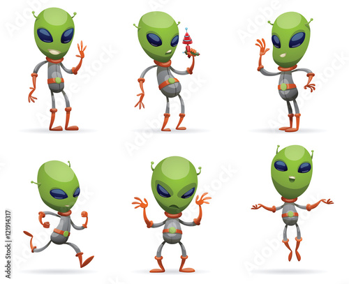 Vector set of cartoon images of funny green aliens with big eyes and small antennas on their heads in gray-orange spacesuits on a white background. Positive character. Vector illustration.