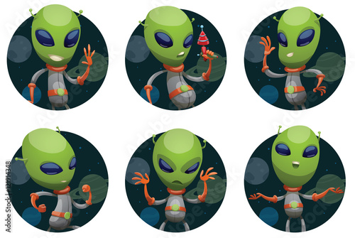 Vector set of dark space round frames with planets and with cartoon images of funny green aliens with big eyes and small antennas on heads in gray-orange spacesuits in the center on a white background