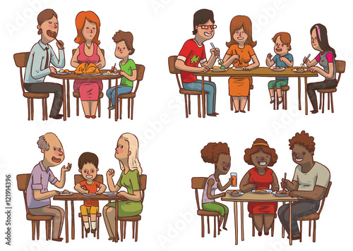 Vector set of cartoon images of family dinners, various members of different families sitting at the tables and eating some food on a white background. Family idyll. Card. Vector illustration.