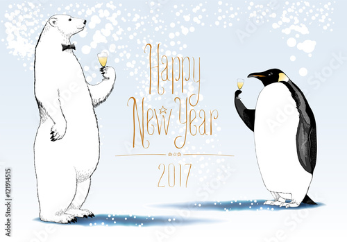 Happy New Year 2017 vector seasonal greeting card. Penguin, polar bear cute characters drinking glass o