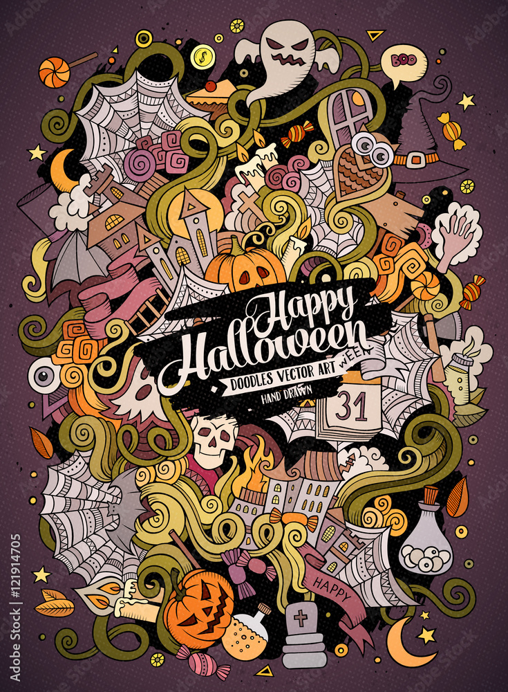Obraz premium Cartoon cute doodles hand drawn Halloween illustration