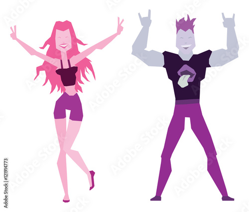 Vector set of cartoon images of a dancing girl with long pink hair in purple shorts and black tank top and dancing young man with purple hair in purple pants and black t-shirt on a white background.