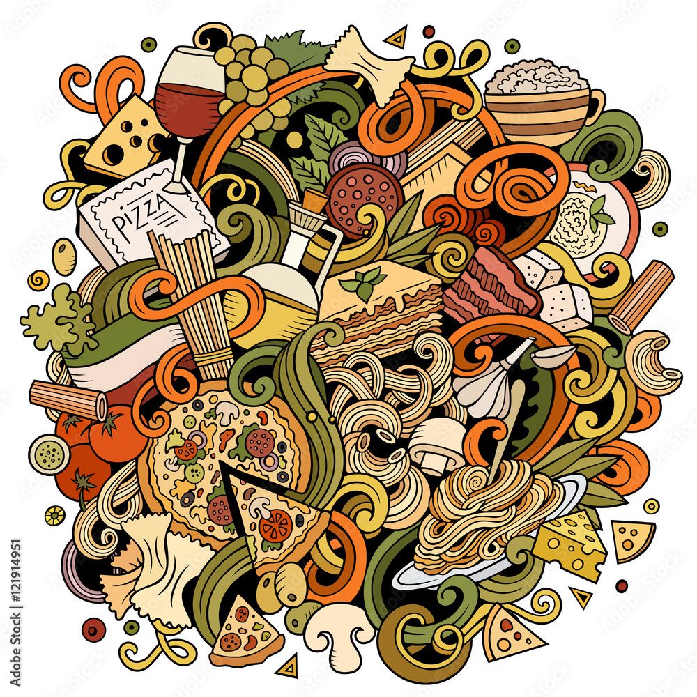 Cartoon hand-drawn doodles Italian food illustration Cartoon hand-drawn doodles Italian food illustration