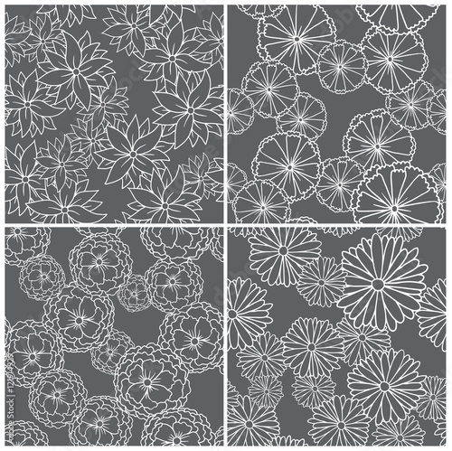 Vector set of images of seamless pattern of black flowers on a black background. Black flowers with a white stroke. Made in monochrome style. Vector set of seamless pattern.