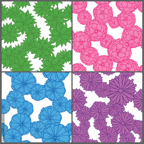 Vector set of images of seamless pattern of green, pink, blue and purple flowers with dark strokes on a white background. Chrysanthemums, anemones, peonies, daisies.