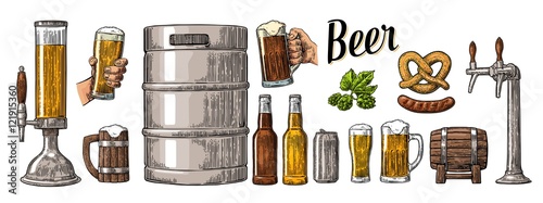 Beer set with two hands holding glasses mug and tap, can, keg, sausage, pretzel, bottle
