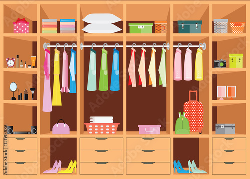 Flat Design walk in closet with shelves.