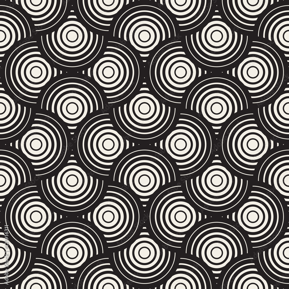 Vector Seamless Black and White Circle Lines Grid Pattern