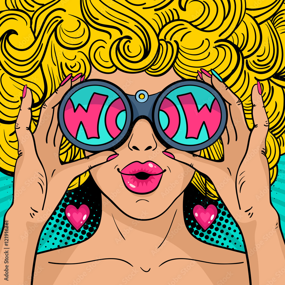 Wow Pop Art Face Sexy Surprised Woman With Blonde Curly Hair And Open Mouth Holding Binoculars