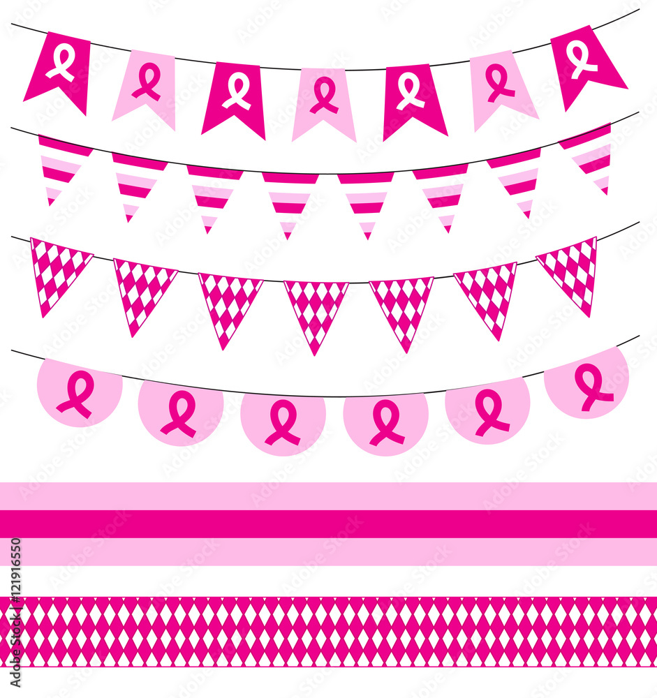 Pink ribbon. Breast cancer awareness symbol, isolated on white background. Breast Cancer set garlands, ribbons