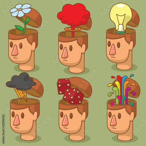 Vector set of cartoon images of men's heads with open braincases from which appears: a flower, cloud of nuclear explosion, light bulb, black cloud, red dices and rainbow fountain on a green background