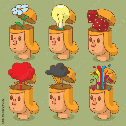 Vector set of cartoon images of women's heads with open braincases from which appears: flower, cloud of nuclear explosion, light bulb, black cloud, red dices and rainbow fountain on green background