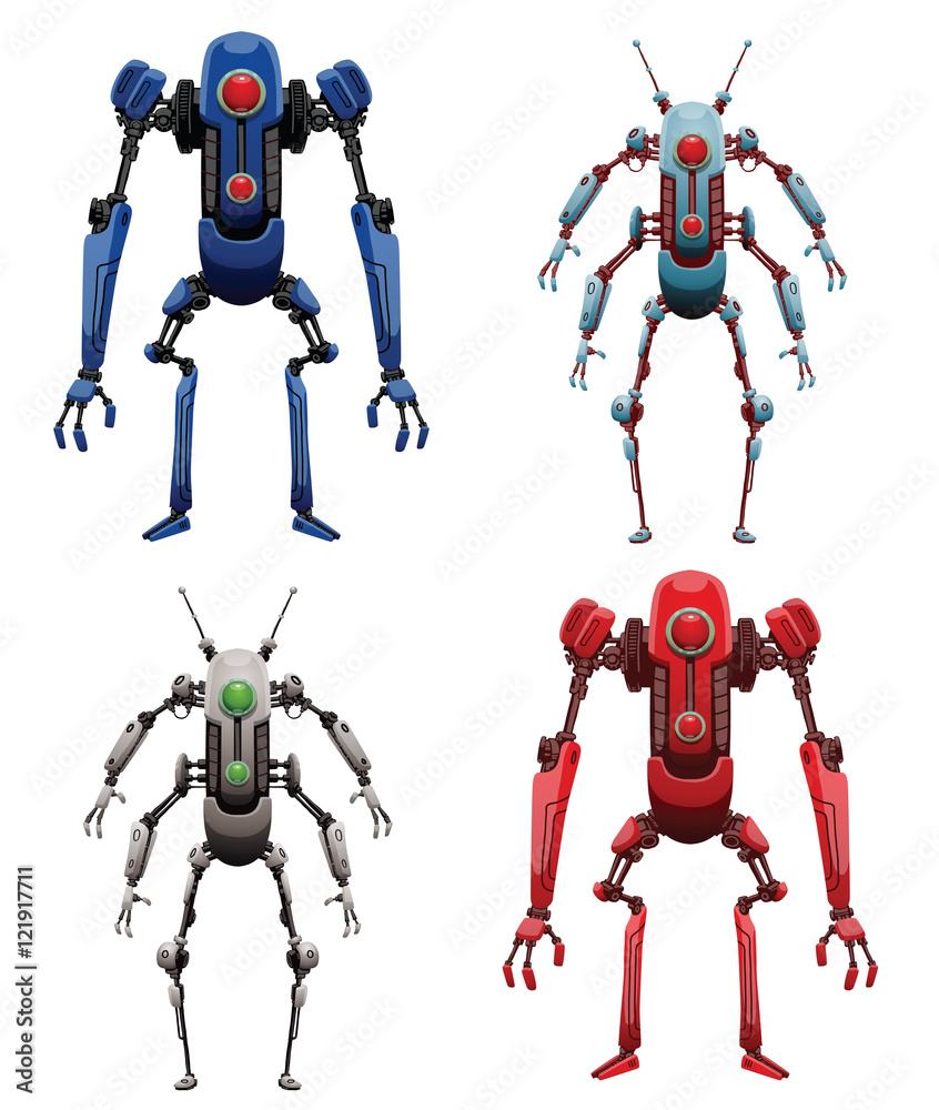 Vector set of funny thin blue, light blue, white, red robots with two