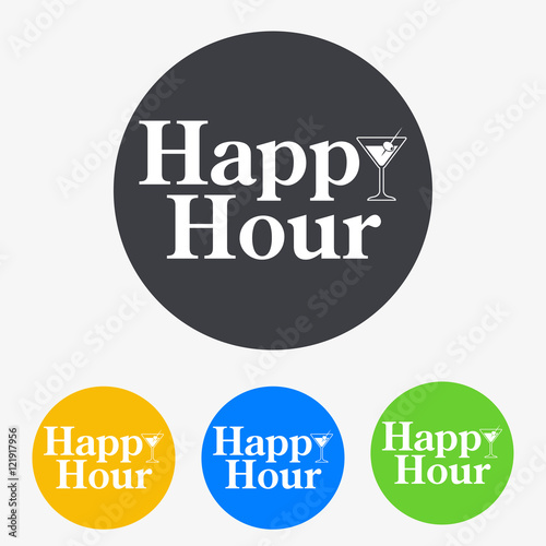 Icono plano texto Happy Hour en circulo varios colores