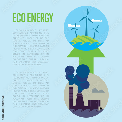 Vector illustration of evolution from industrial pollution to clean energy. Greening of the world banner. From heavy industry to save technology. Development green technology. Eco power concept