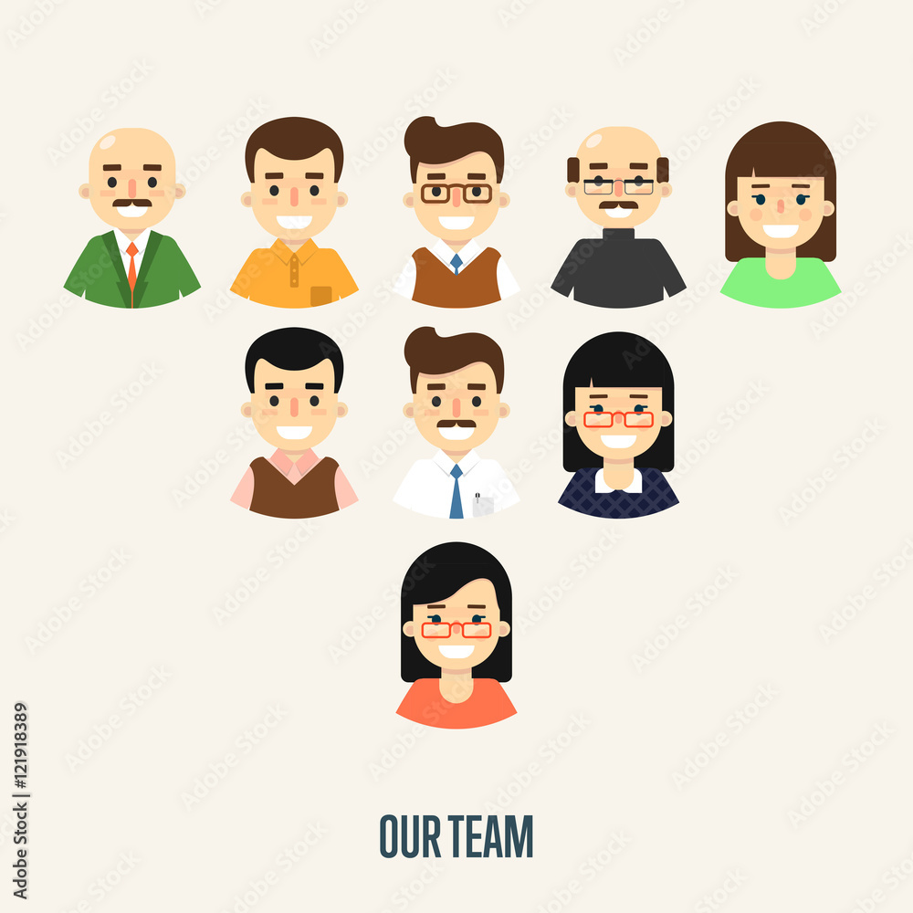 Group of smiling male and female faces avatars on white background. Our team  banner, vector illustration. Teamwork and business team concept. Corporate  hierarchy. Business success. Stock Vector | Adobe Stock