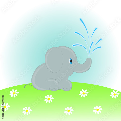 Cartoon elephant watering  flowers in the meadow. Vector illustration.