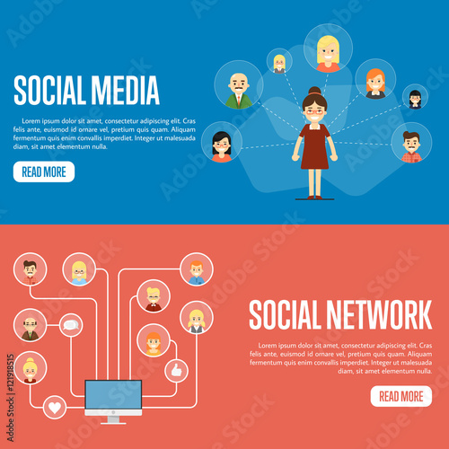 Smiling cartoon woman with own successful social network. Round people icons connected with laptop. Social media network banners, vector illustration. Connecting people. Teamwork concept