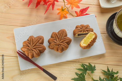 Momiji manju, Hiroshima's most popular souvenir, is a small, maple-leaf-shaped cake filled with mashed sweet bean paste. photo