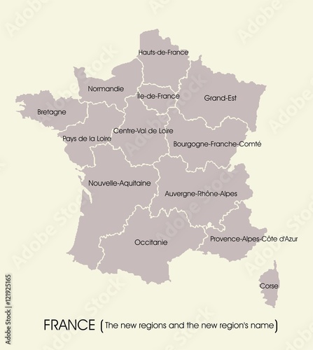 Map of France with the new regions and the new region's name