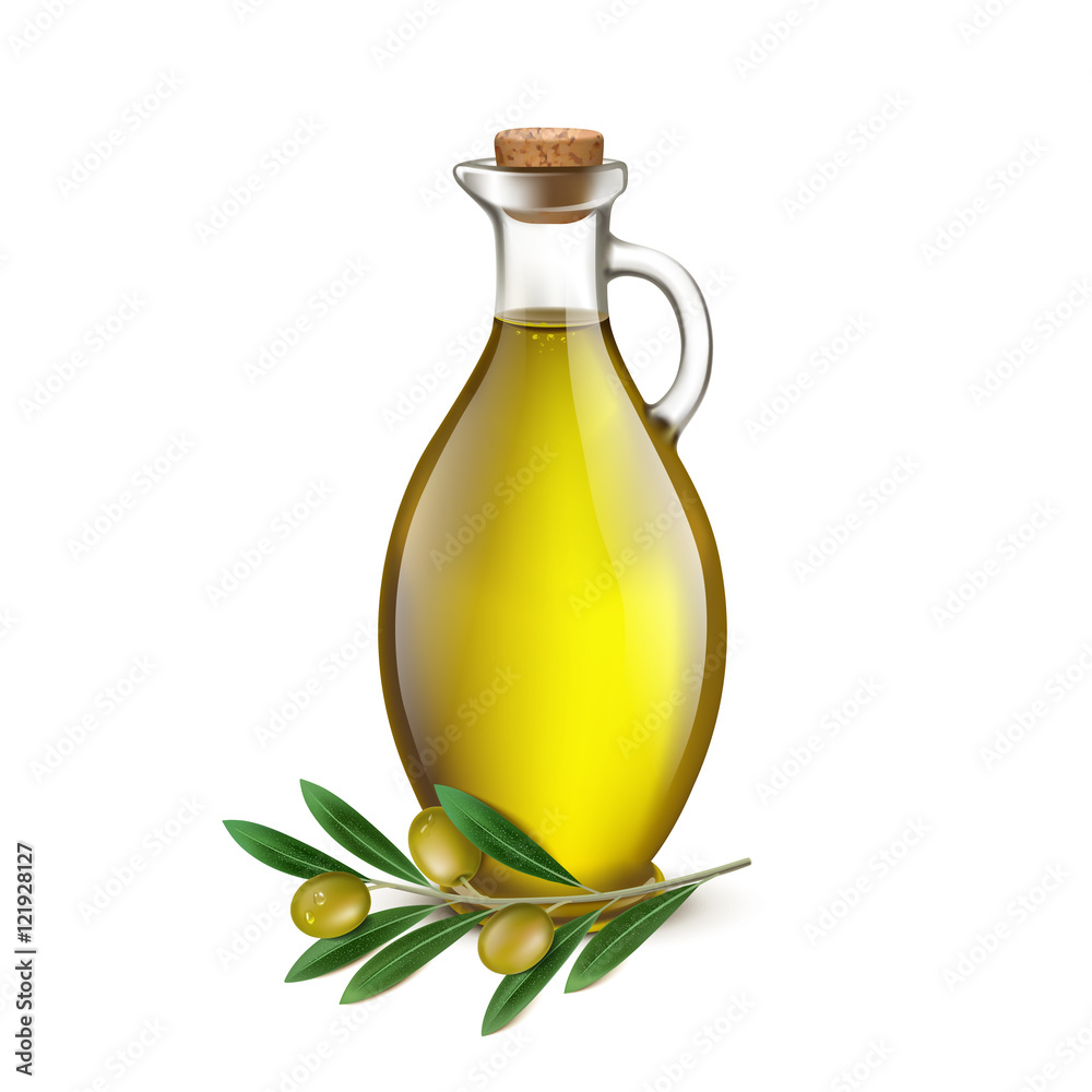 Realistic Jug Pitcher of olive oil and branch of olives. Vector illustration Realistic Jug Pitcher of olive oil and branch of olives. Vector illustration