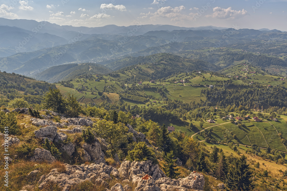 Scenic aerial mountain landscape of the vast Bran-Rucar pass in Transylvania region, Romania. Picturesque travel destinations.