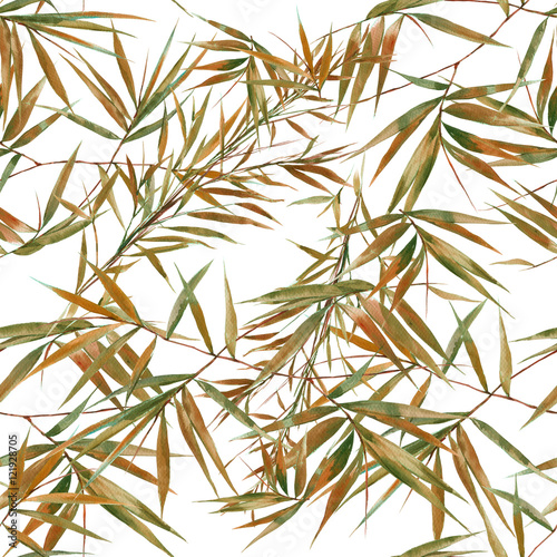Watercolor illustration of bamboo leaves , seamless pattern on white background