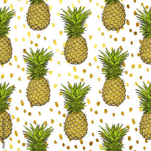 pineapple tropical vector seamless pattern and gold dots background. textile print fashion seamless illustration . print in the style retro of 80's.