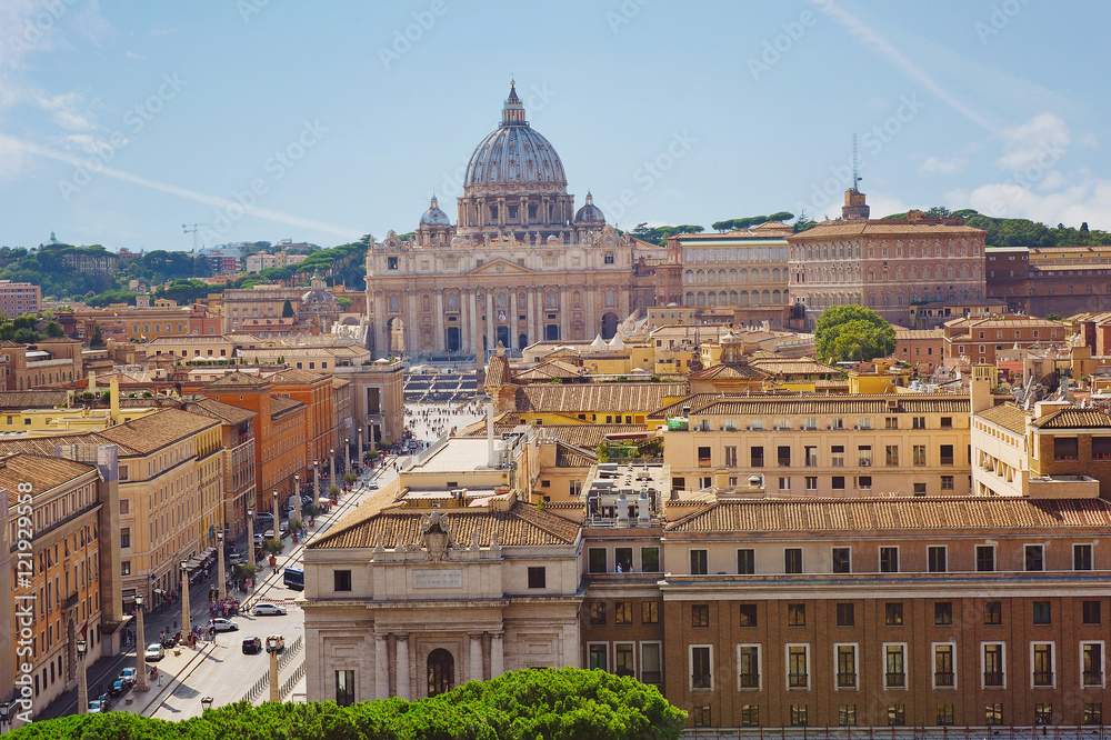 Beautiful view on St. Peter’s Basilica in Vatican City from the roof of Castel Sant’Angelo