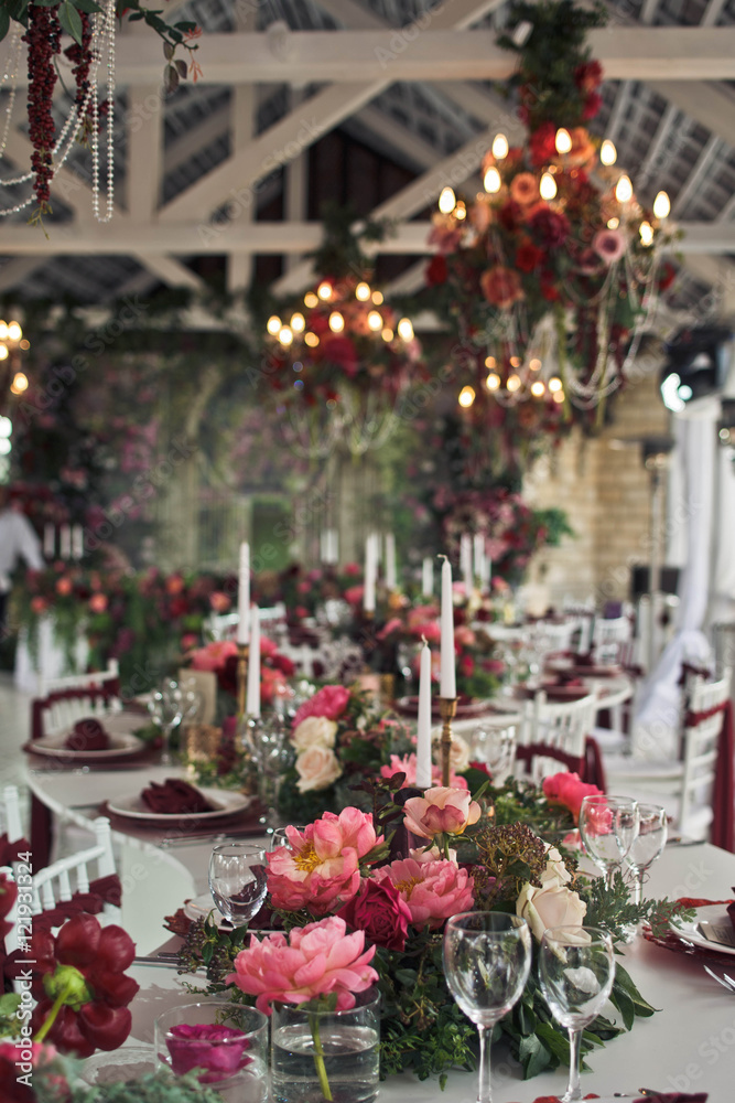Wedding hall decorated with flowers