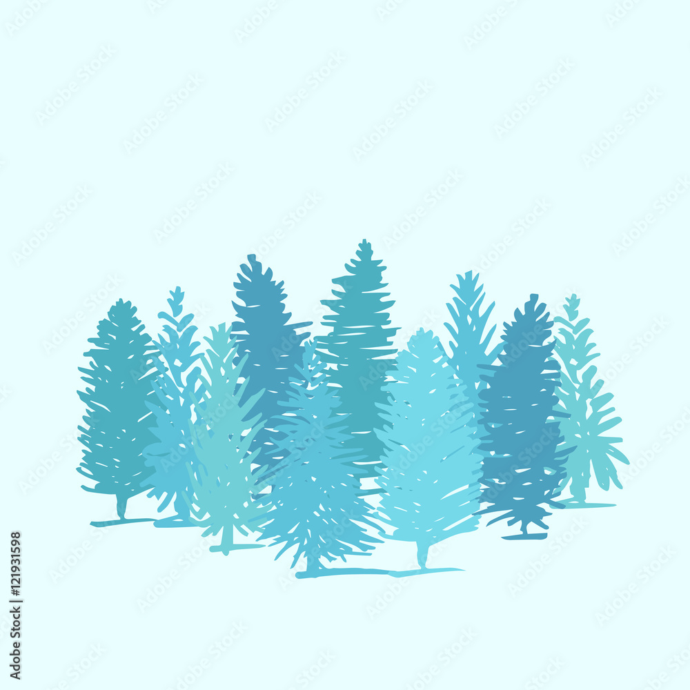 Group of pine trees on blue background