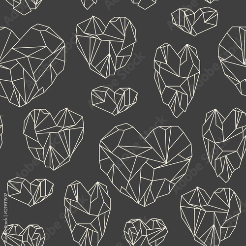 Seamless pattern made of mineral heart-shaped crystals on grey b