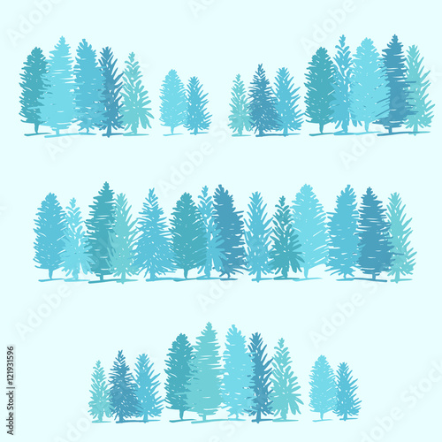 Three borders made of pine trees on blue background