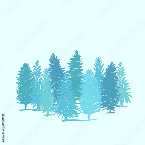 Group of pine trees on blue background