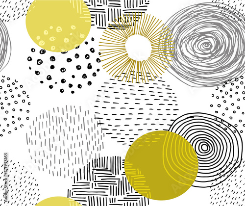 Hand-drawn textures and brushes pattern. Line art repeated background. Brush strokes, paint dabs, dots, curves, lines, abstract backgrounds, patterns made with ink. Isolated vector