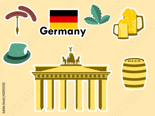 German stickers, germany symbols, the Brandenburg Gate, beer, oak leaves, Bavarian sausages. Patches elements Germany. Vector illustration.