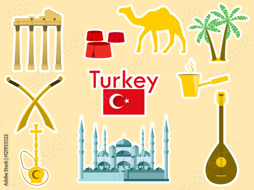 Turkey stickers. Turkish symbols: The Blue Mosque, the Agora, the Turkish hat, shisha, camel, scimitar, guitar. Patches elements Turkey. Vector illustration.