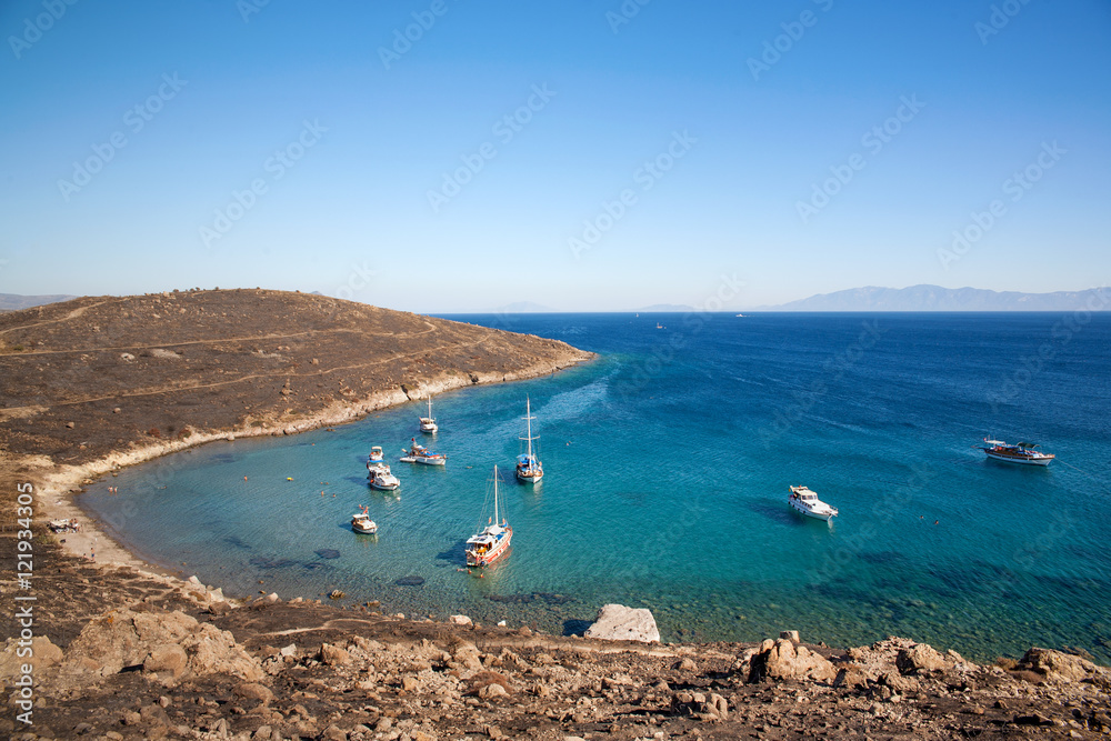Obraz premium Blue Lagoon and ships. View from above on sea.