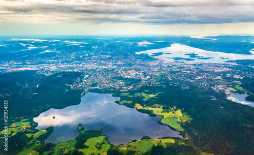 View of Oslo from an airplane on the approach to Gardermoen Airport