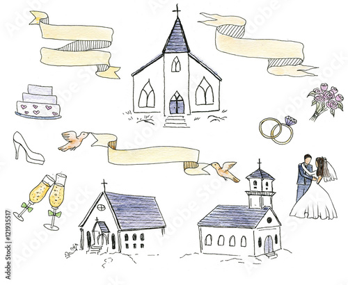 Hand-drawn wedding doodles set: bridegroom and bride, chapels, rings, bouquet, cake and decorative ribbons.